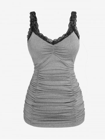 Plus Size Lace Panel Ruched Backless Space Dye Tank Top - GRAY - 1X | US 14-16