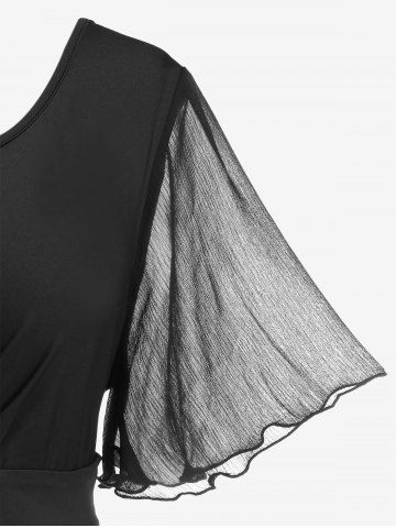 Plus Size Keyhole Lace Frill Mesh Flutter Sleeves A Line Midi Dress