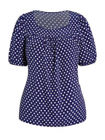 Plus Size Polka Dot Square Collar Short Sleeve Blouse - DEEP BLUE - 3XL