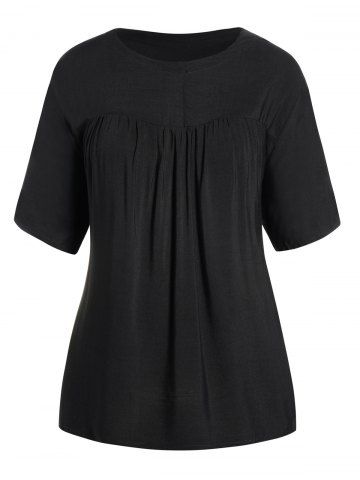 Plus Size Plain Color Ruched Half Sleeve Round Neck Blouse - BLACK - 3XL