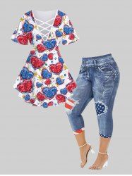 Plus Size Heart Printed Crisscross Short Sleeves Tee and American Flag 3D Printed Skinny Capri Plus Size Jeggings Outfit Bundle -  