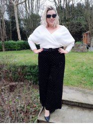 Pantalon Ceinturé en Velours à Pois à Jambes Larges Grande Taille - Noir 1X | US 14-16