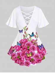 T-shirt Fleuri Papillon Imprimé à Bretelle Croisée de Grande Taille - Rose clair 5x | US 30-32