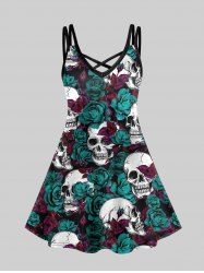 Gothic Rose Skull Print Crisscross Detail Sleeveless A Line Dress - 1x | Us 14-16  