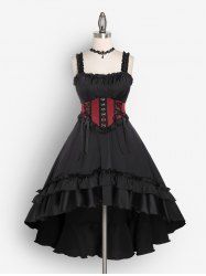 Robe Corset Gothique Superposée Haute Basse à Volants à Lacets - Rouge foncé 5x | US 30-32
