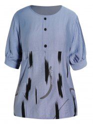Plus Size Mock Button Printed Patch Design Round Neck Short Sleeve Blouse -  