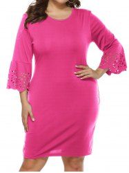 Plus Size Plain Color Laser Cut Out Three Quater Sleeve Shift Mini Dress -  