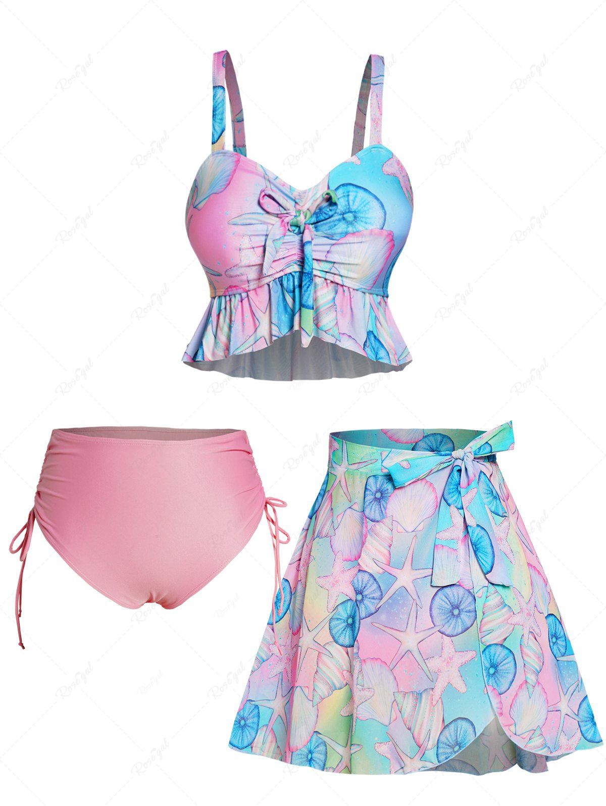 3 Pièces Ensemble de Bikini de Bain Tankini à Imprimé Coquille Etoile de Mer Rose clair XXL