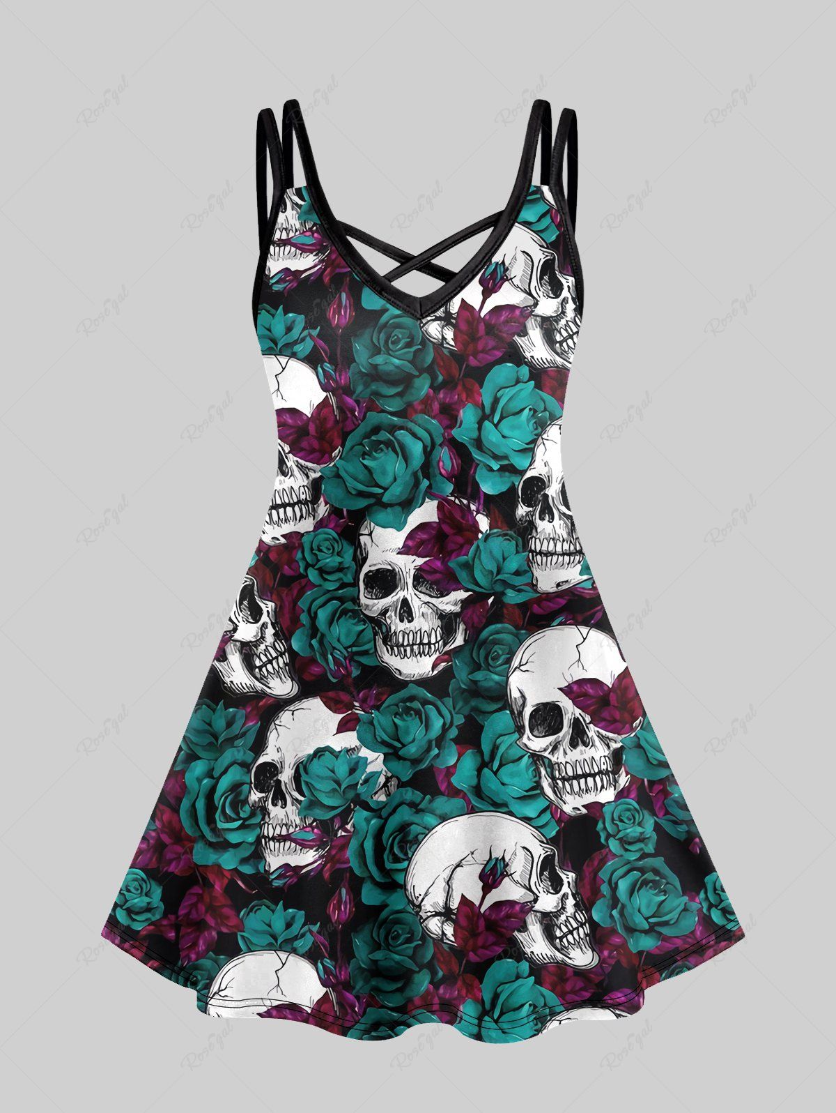Fancy Gothic Rose Skull Print Crisscross Detail Sleeveless A Line Dress  