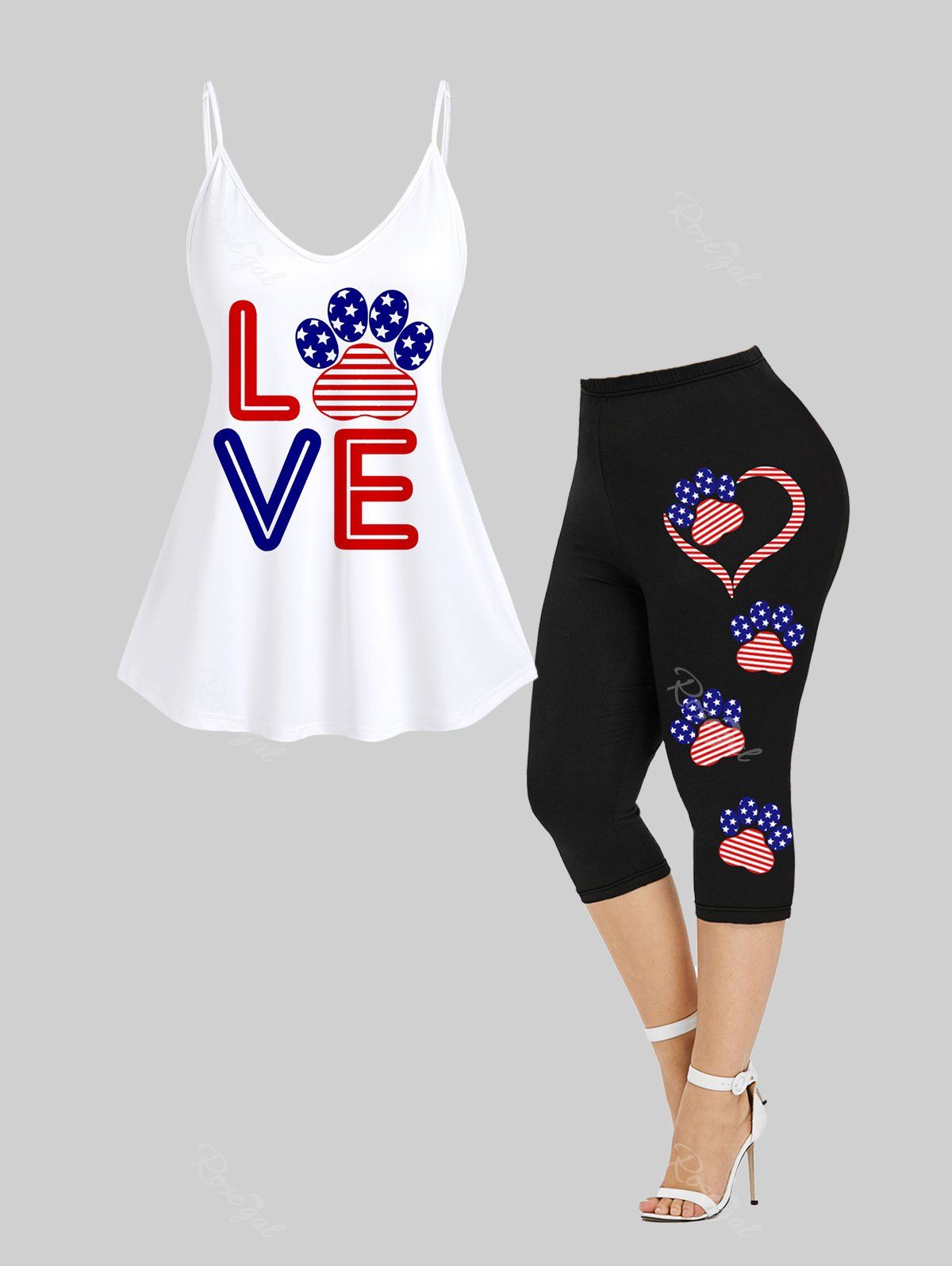 New American Flag LOVE Cat Paw Graphic Cami Top and Capri Leggings Plus Size Summer Patriotic Outfit  
