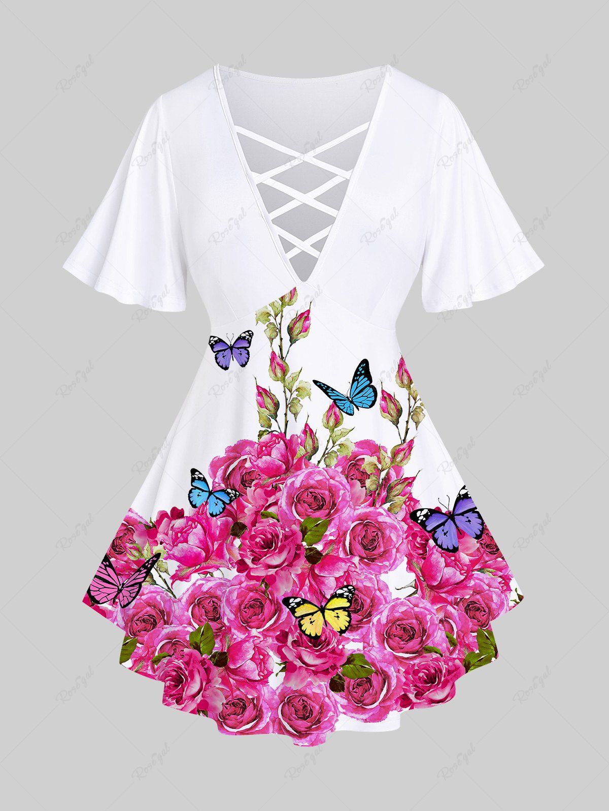T-shirt Fleuri Papillon Imprimé à Bretelle Croisée de Grande Taille Rose clair 5x | US 30-32