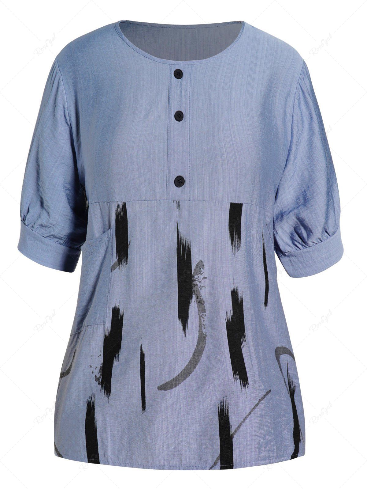 Online Plus Size Mock Button Printed Patch Design Round Neck Short Sleeve Blouse  