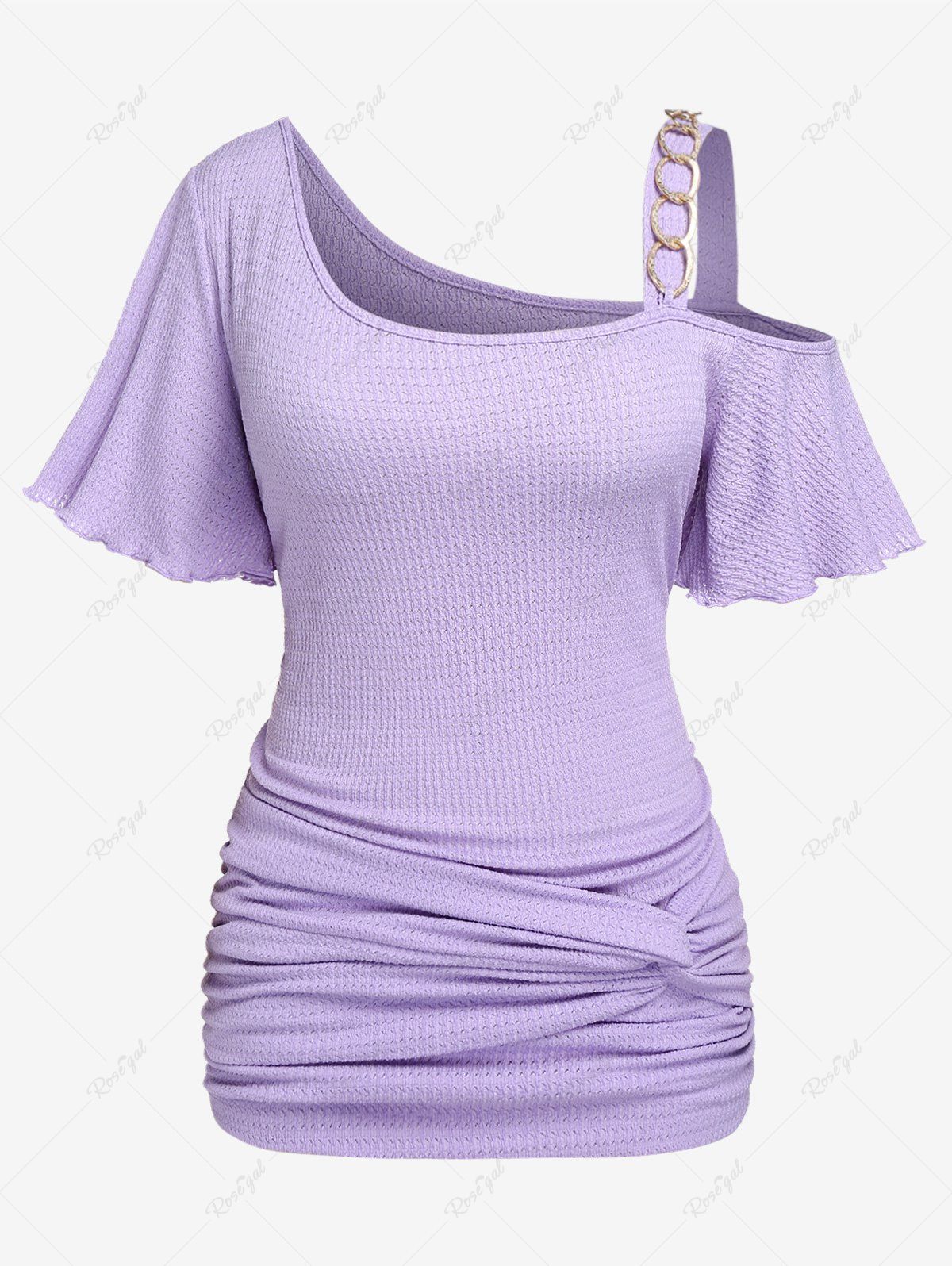 Shop Plus Size Chain Embellish Twist Textured Ruched Cold Shoulder Top  
