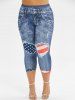 Plus Size Heart Printed Crisscross Short Sleeves Tee and American Flag 3D Printed Skinny Capri Plus Size Jeggings Outfit Bundle -  