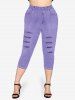 Chains Bowknot Backless Plaid Tank Top and 3D Ripped Jeans Capri Leggings Plus Size Summer Outfit -  