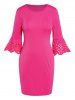 Plus Size Plain Color Laser Cut Out Three Quater Sleeve Shift Mini Dress -  