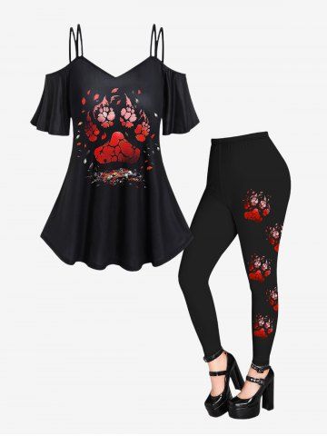Gothic Cat Paws Print Open Shoulder T-shirt and Cat Paws Print Skinny Leggings Outfit