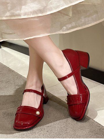 Wide Feet Faux Pearl Decor Chunky Heeled Mary Janes - RED - EU 39
