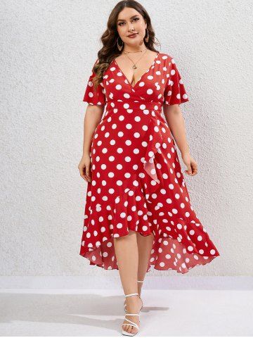 Plus Size  Polka Dot Flounce High Low Surplice Dress - RED - 4X | US 26-28