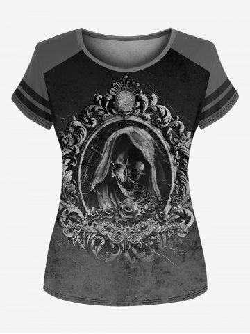 Gothic Vintage Skull Print Striped Detail T-shirt - BLACK - 3XL