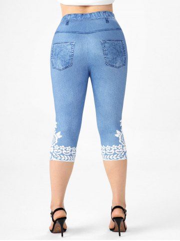 Plus Size 3D Jean Lace Print Capri Jeggings