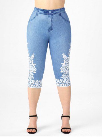 Plus Size 3D Jean Lace Print Capri Jeggings