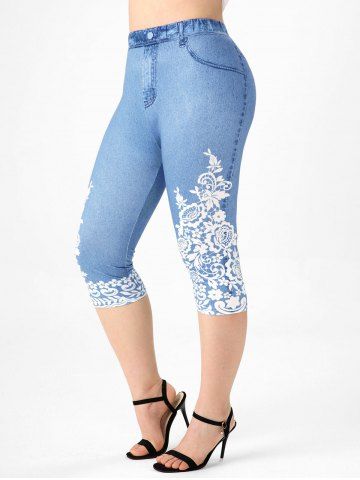 Legging Capri 3D Jean en Dentelle Imprimé de Grande Taille - LIGHT BLUE - 2X | US 18-20