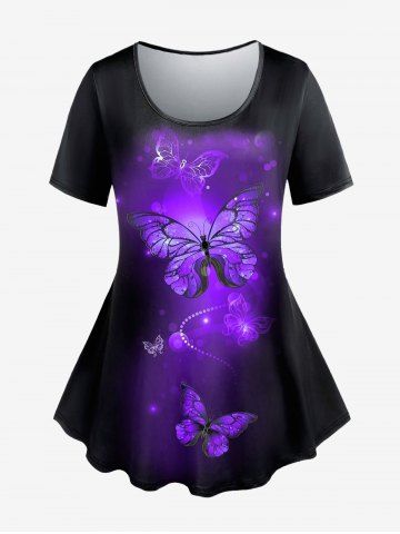 Plus Size 3D Sparkles Butterfly Printed Short Sleeves Tee - PURPLE - 5X | US 30-32