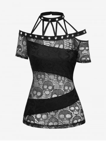 Gothic Skull Lace Lace-up Cutout Grommets Halter Top - BLACK - 1X | US 14-16