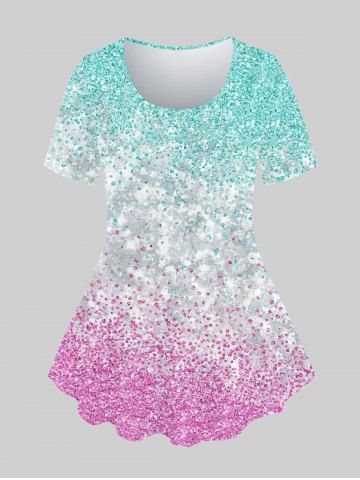 Plus Size Glitter Sparkly Print T-shirt - LIGHT PINK - L | US 12