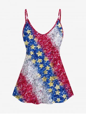Plus Size Glitter Patriotic American Flag Printed Cami Top - RED - S | US 8