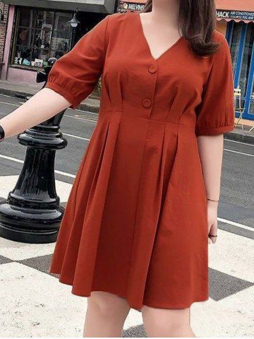 Plain Color Mock Button V Neck Short Sleeve High Waisted A Line Mini Dress - RED - 2XL