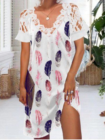 Colored Feather Print Lace Panel Scalloped V Neck A Line Mini Dress - WHITE - M