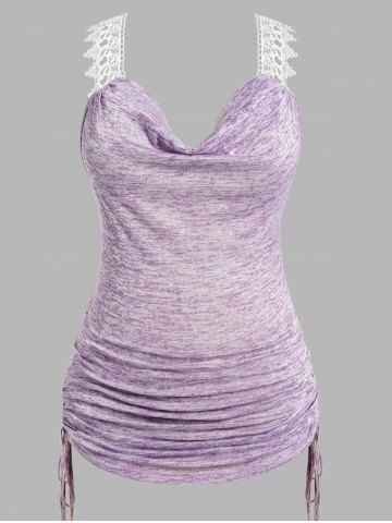 Plus Size Heathered Hollow Out Lace Strap Cinched Tank Top - LIGHT PURPLE - L