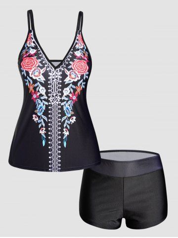 Flower Print Plunging Neck Padded Boyleg Tankini Swimwear - MULTI - M