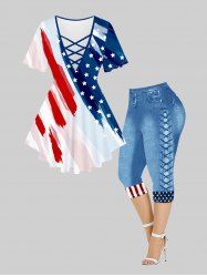 Plus Size Patriotic American Flag Printed Crisscross Tee and 3D Jeans Lace-up American Flag Printed Leggings Outfit -  
