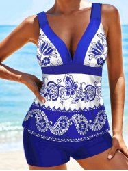 Flower Paisley Butterfly Print Colorblock Plunge Tankini Swimsuit -  