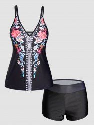 Flower Print Plunging Neck Padded Boyleg Tankini Swimwear -  