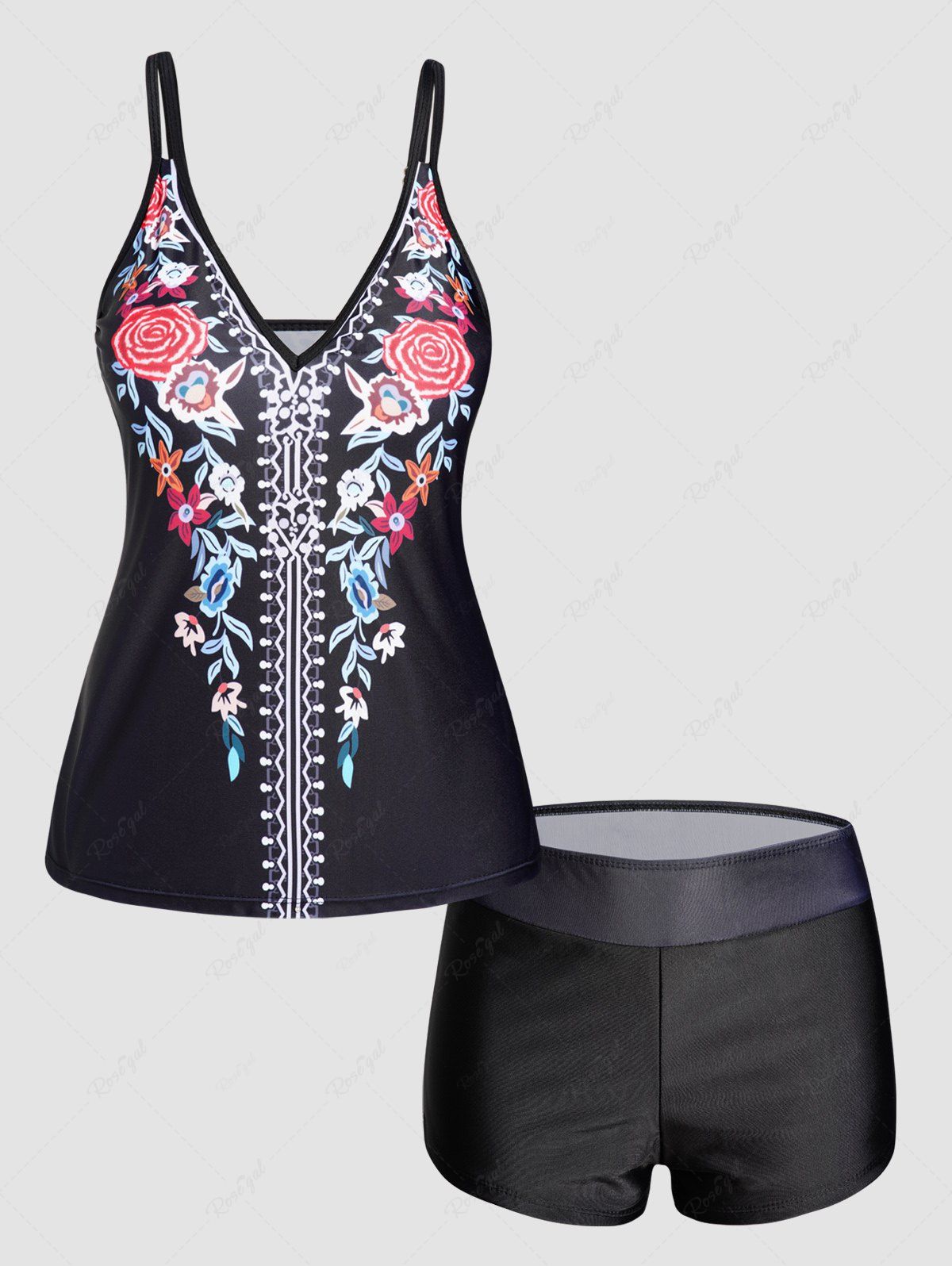 Store Flower Print Plunging Neck Padded Boyleg Tankini Swimwear  