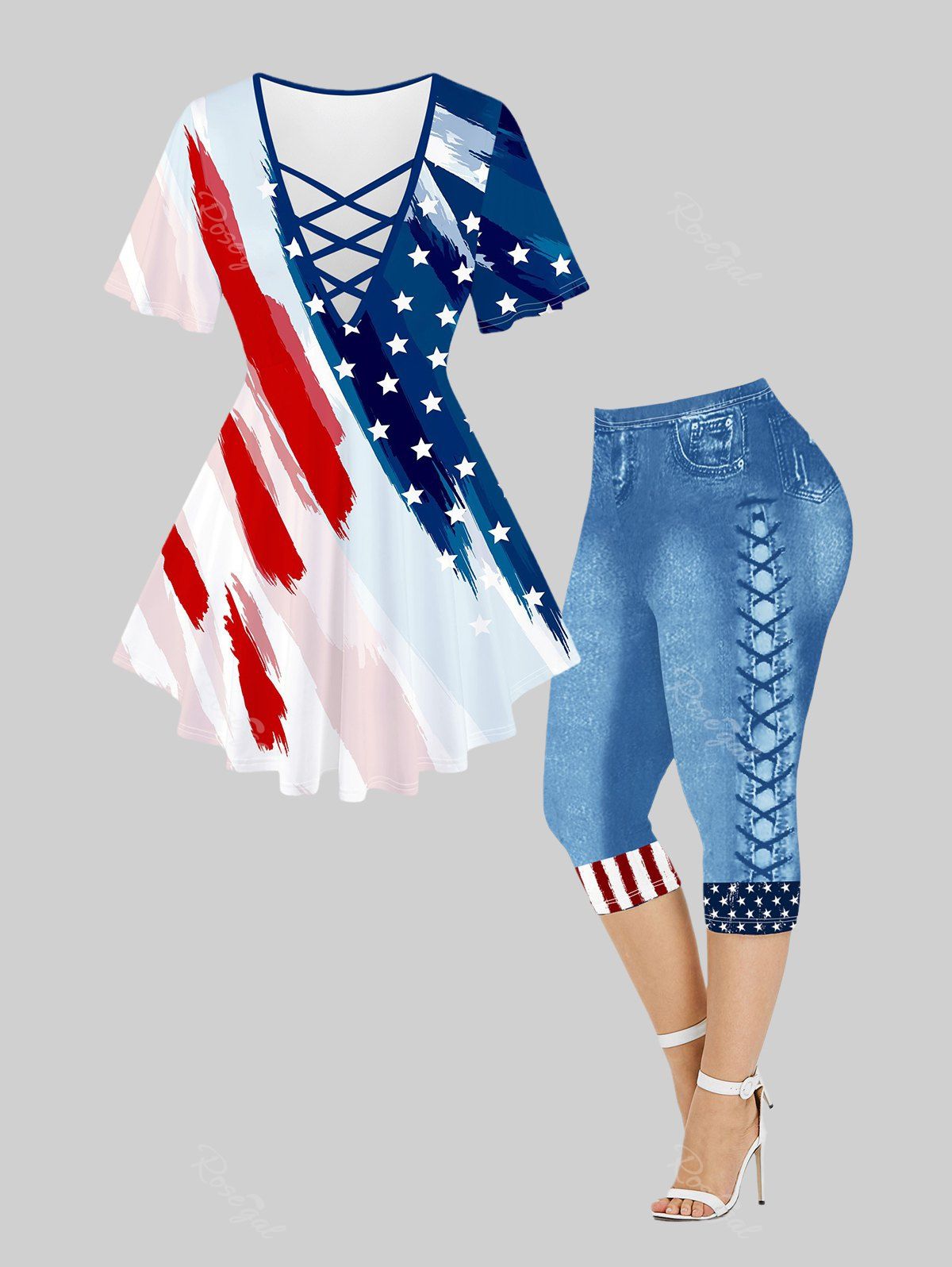 Best Plus Size Patriotic American Flag Printed Crisscross Tee and 3D Jeans Lace-up American Flag Printed Leggings Outfit  