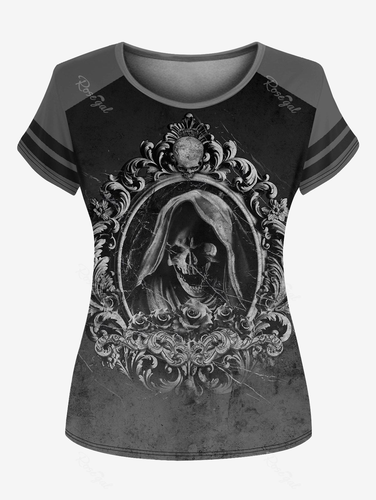 Outfit Gothic Vintage Skull Print Striped Detail T-shirt  