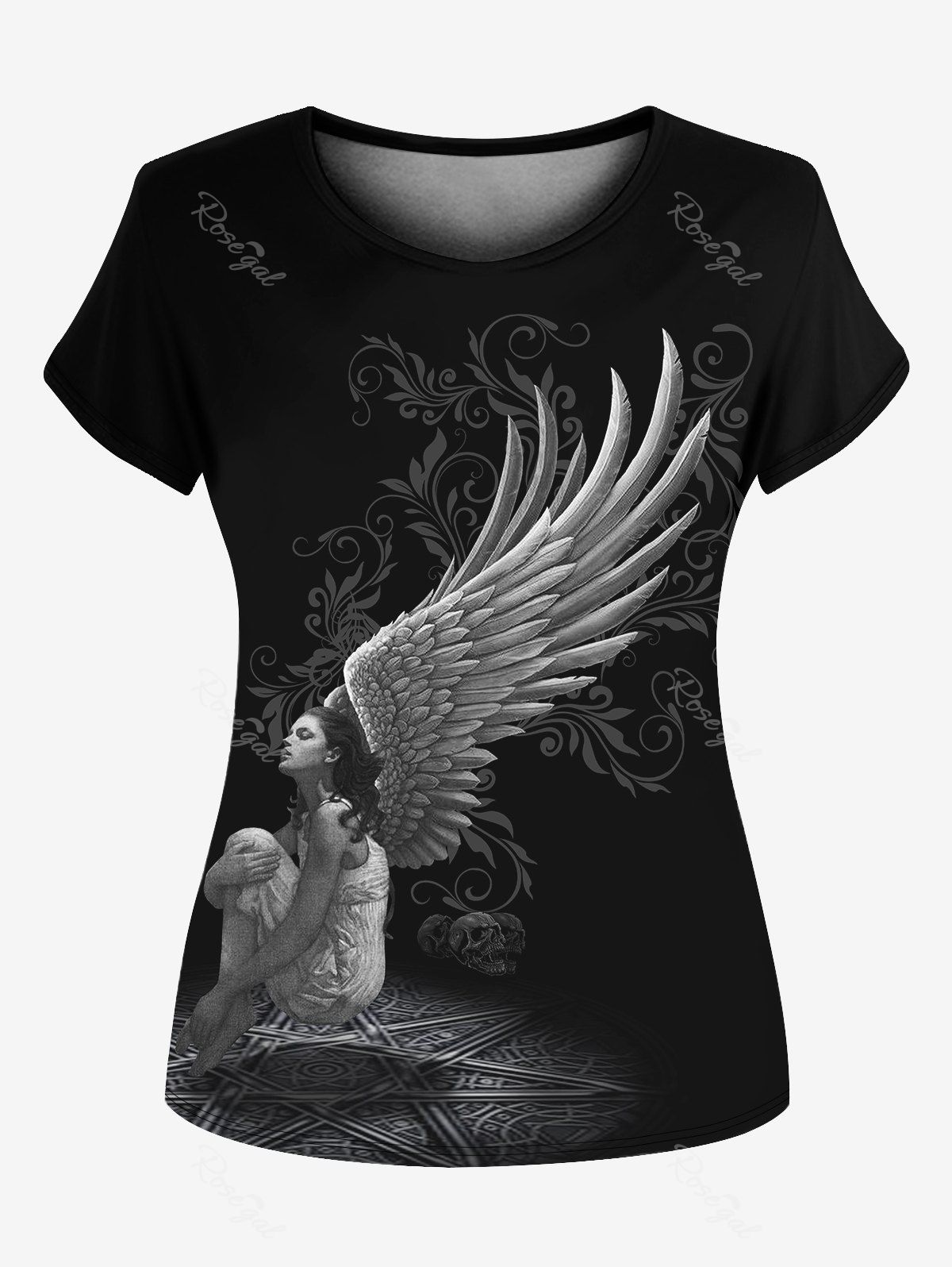 T-shirt Aile de Beauté Gothique Imprimé Noir 2XL