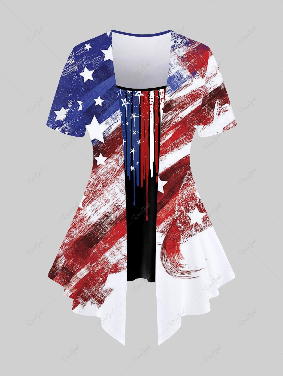 Chic Plus Size Patriotic American Flag Printed Short Sleeves 2 in 1 Tee  
