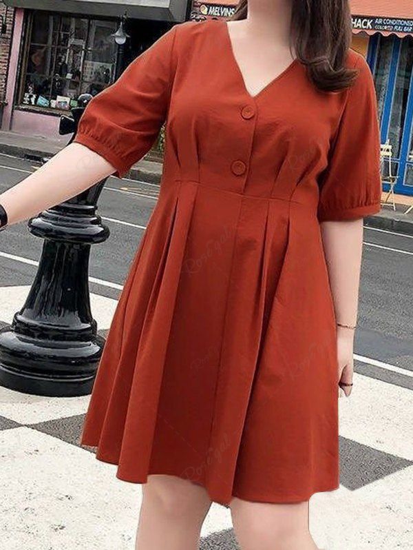 Latest Plain Color Mock Button V Neck Short Sleeve High Waisted A Line Mini Dress  