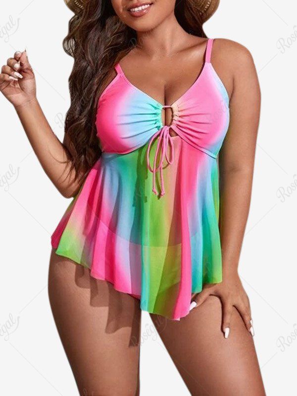 Buy Plus Size Rainbow Ombre Tie Mesh Panel Tankini Swimsuit  