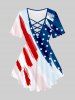 Plus Size Patriotic American Flag Printed Crisscross Tee and 3D Jeans Lace-up American Flag Printed Leggings Outfit -  