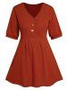 Plain Color Mock Button V Neck Short Sleeve High Waisted A Line Mini Dress -  