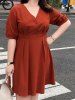 Plain Color Mock Button V Neck Short Sleeve High Waisted A Line Mini Dress -  