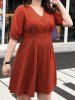 Plain Color Mock Button V Neck Short Sleeve High Waisted A Line Mini Dress -  