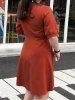 Plain Color Mock Button V Neck Short Sleeve High Waisted A Line Mini Dress -  